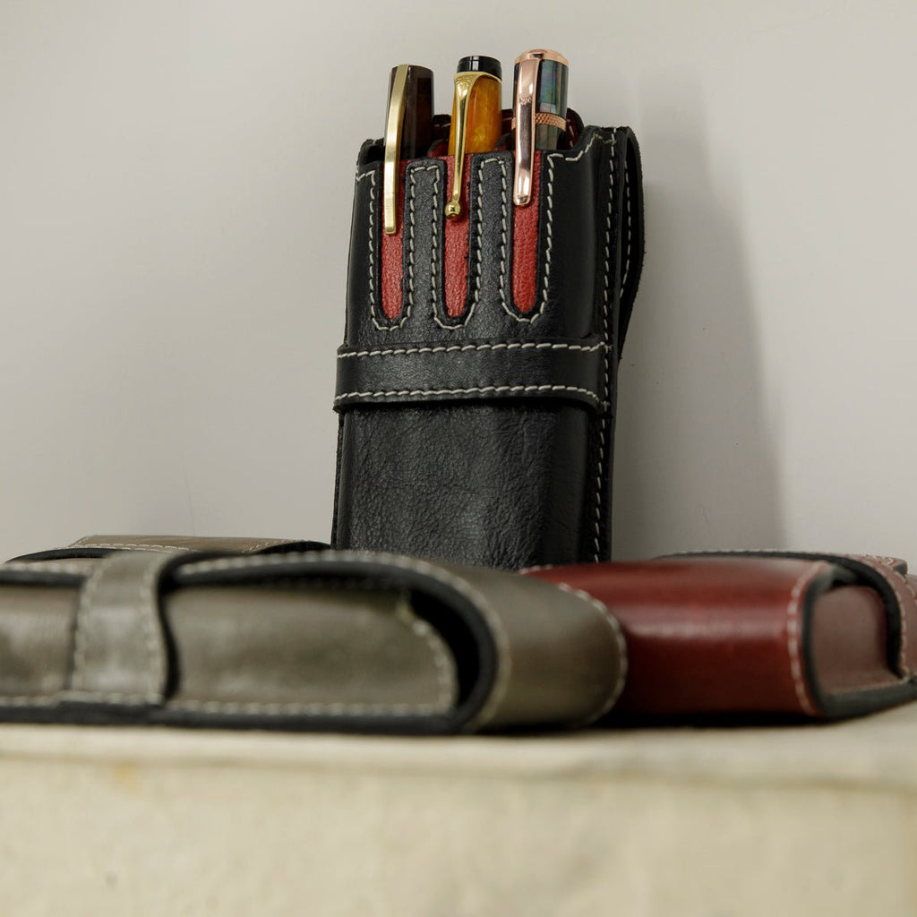 Pen Boutique Yak Leather Triple Pen Holder - Crazy Horse - Black/Red - Pen Boutique Ltd
