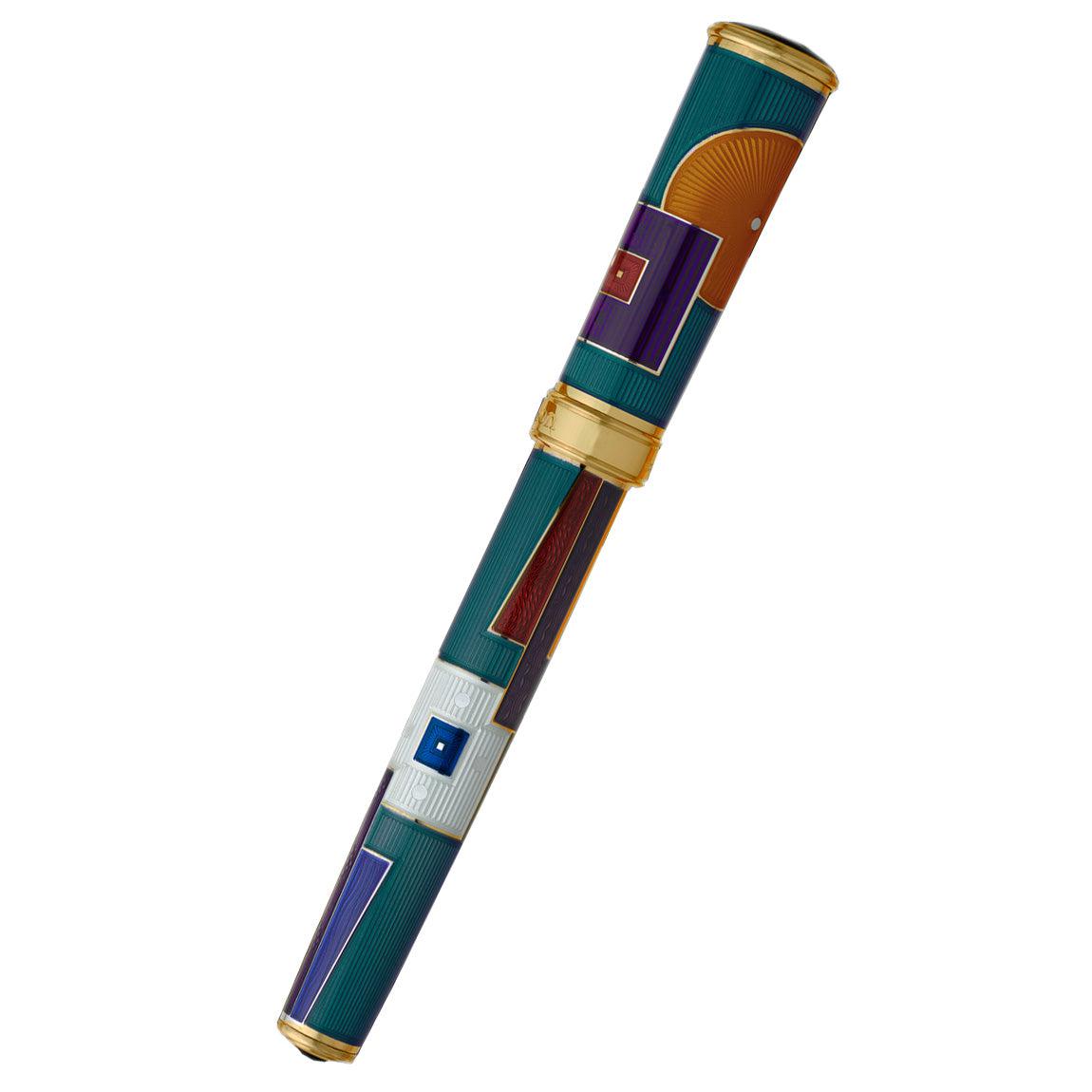 David Oscarson 15th Anniversary/American Art Deco Fountain Pen - Translucent Teal with Multi-colored & Gold Vermeil - Pen Boutique Ltd