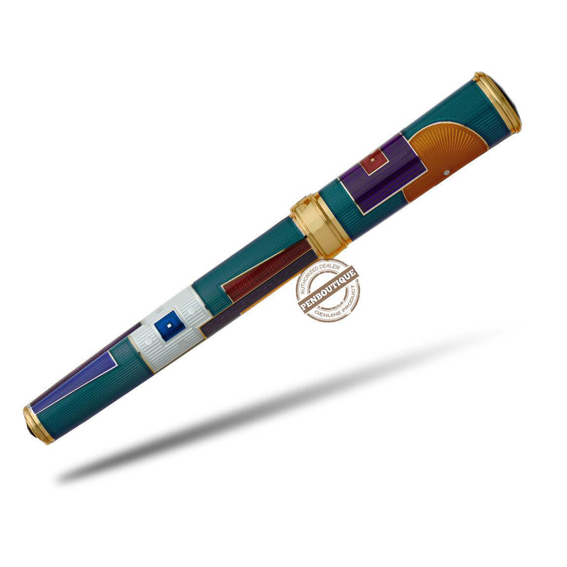 David Oscarson 15th Anniversary/American Art Deco Fountain Pen - Translucent Teal with Multi-colored & Gold Vermeil - Pen Boutique Ltd