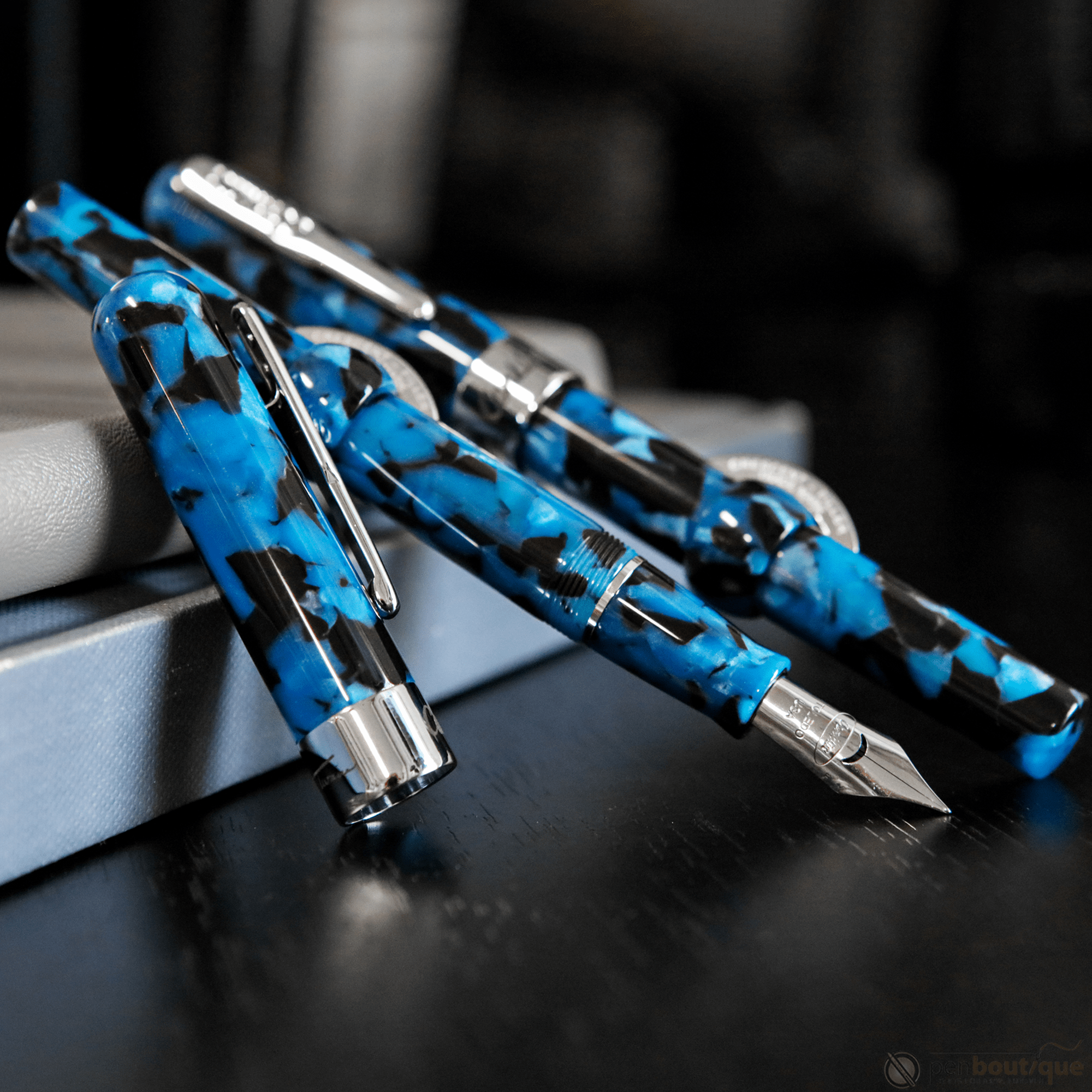 Conklin Mark Twain Crescent Filler Fountain Pen - Vintage Blue - Chrome Trim - Pen Boutique Ltd