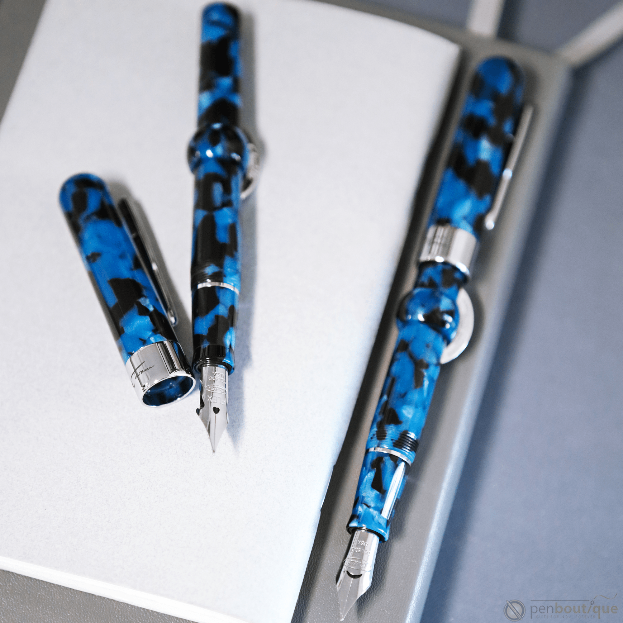 Conklin Mark Twain Crescent Filler Fountain Pen - Vintage Blue - Chrome Trim - Pen Boutique Ltd