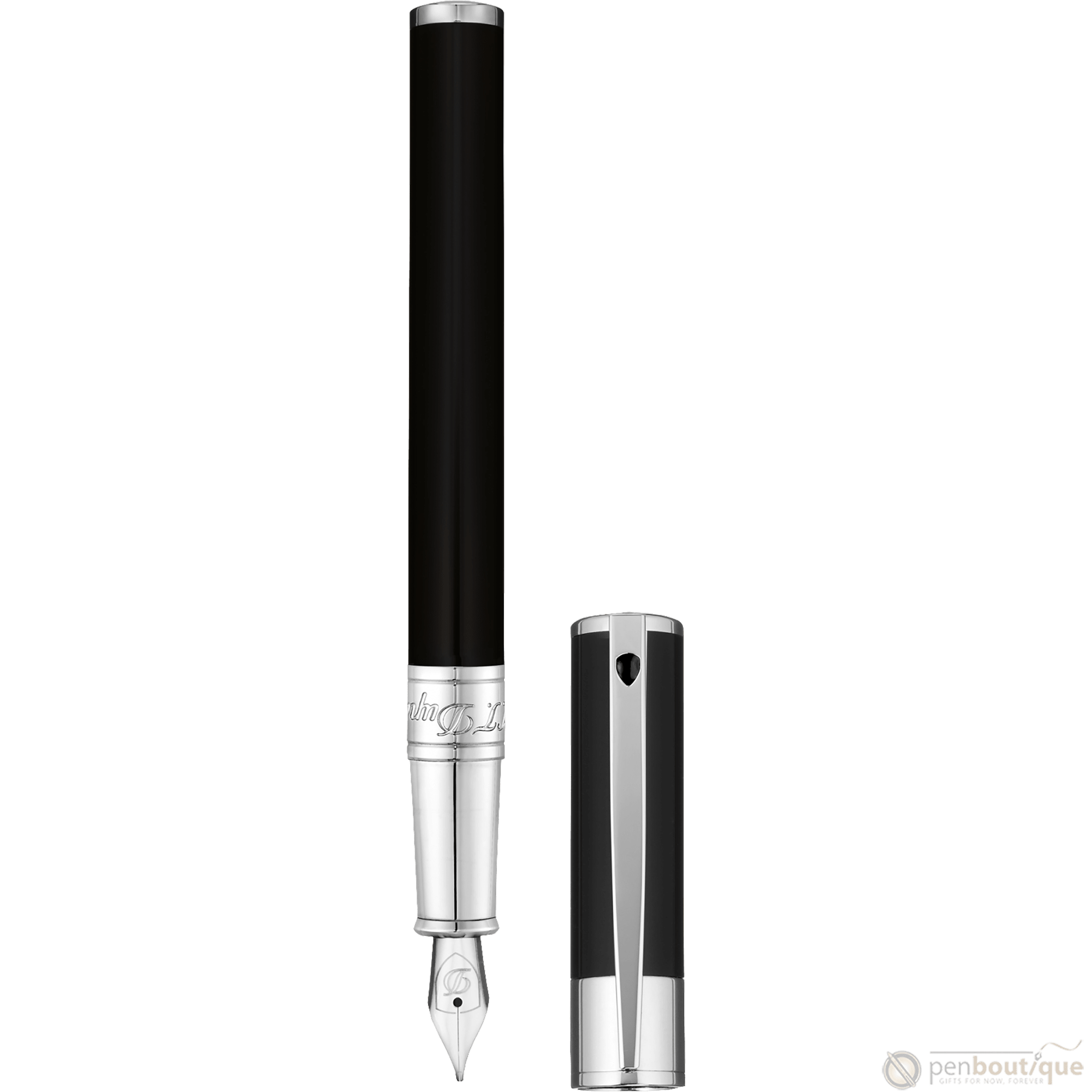 S T Dupont D-Initial Fountain Pen - Chrome Trim - Black - Pen Boutique Ltd