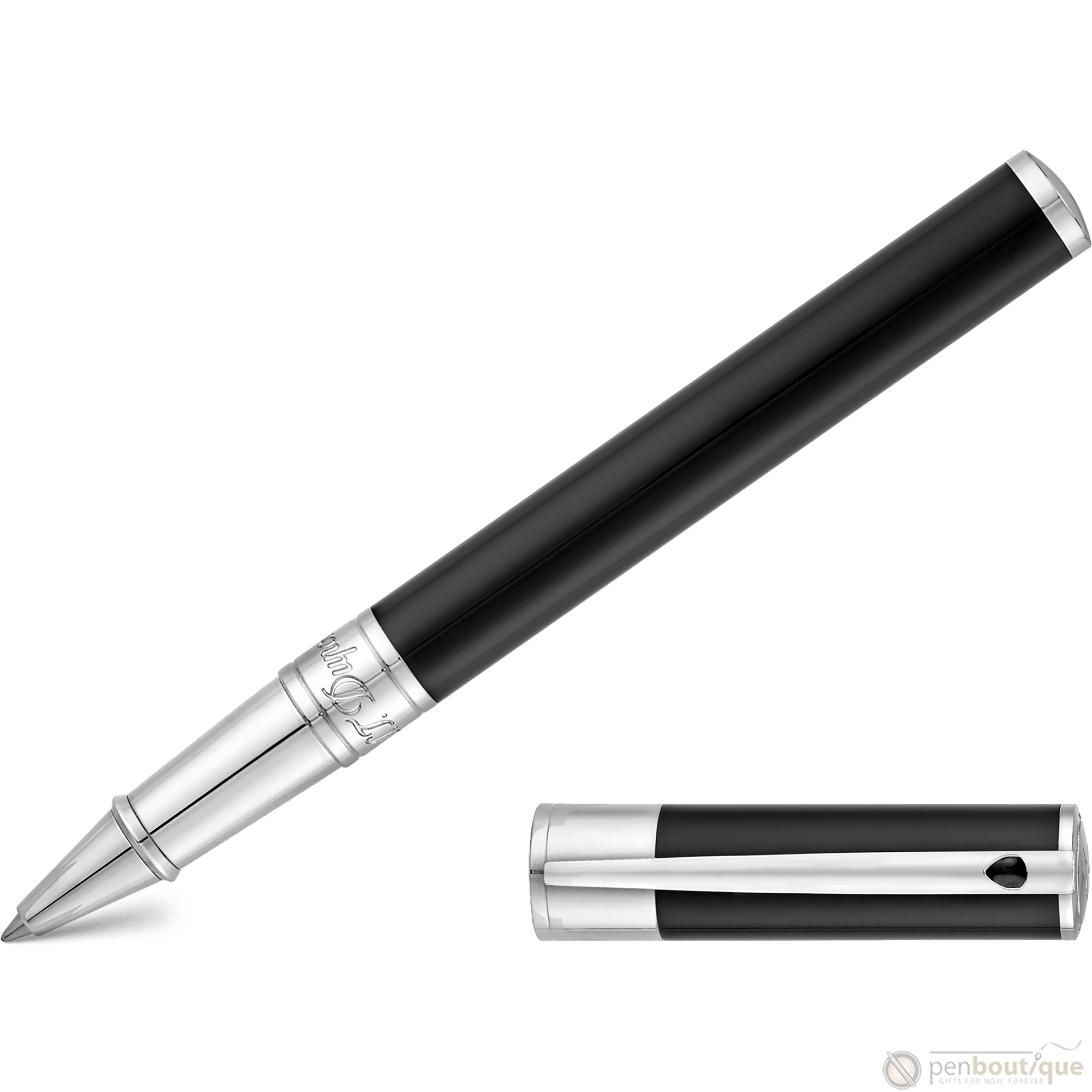 S T Dupont D-Initial Rollerball Pen - Chrome Trim - Black - Pen Boutique Ltd