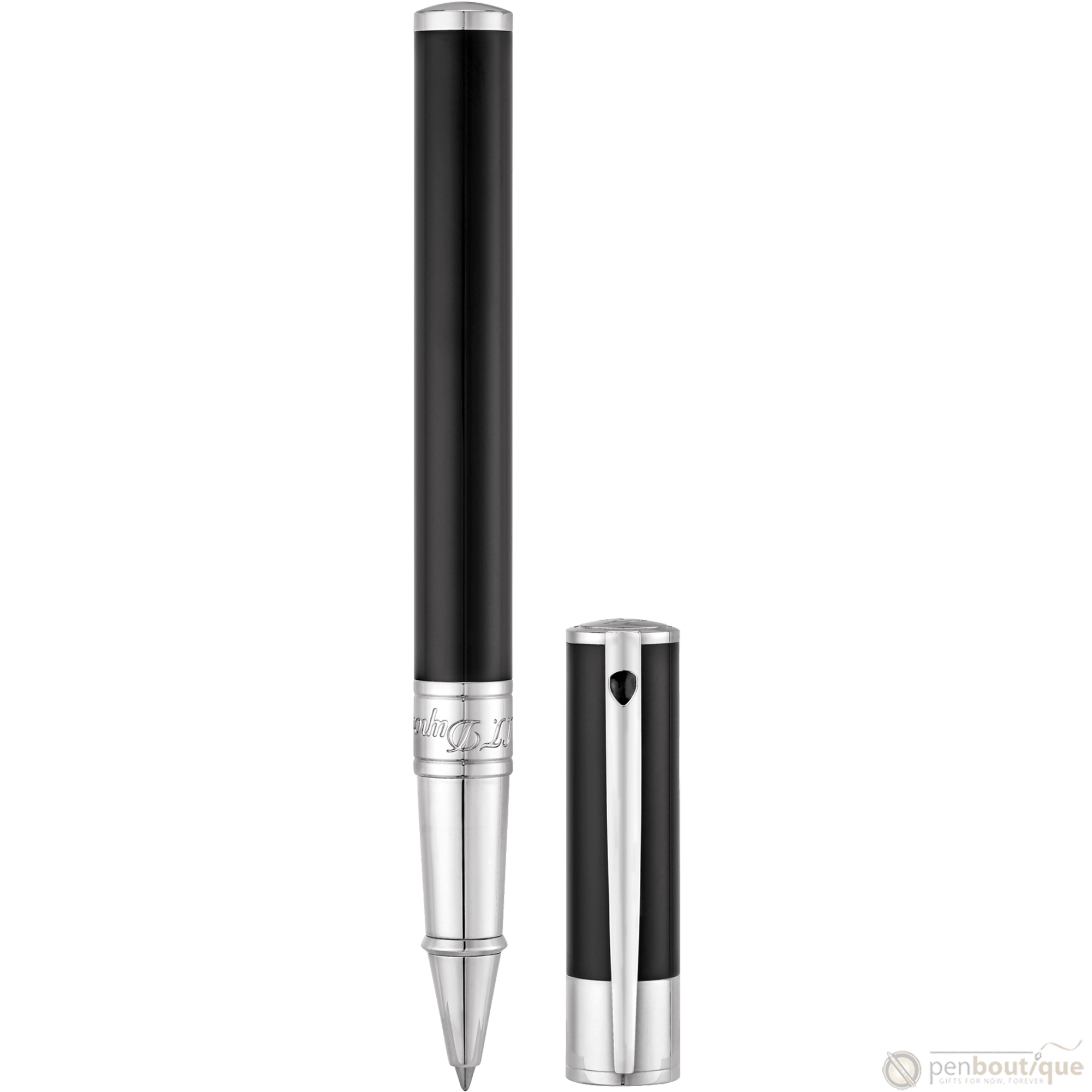 S T Dupont D-Initial Rollerball Pen - Chrome Trim - Black - Pen Boutique Ltd