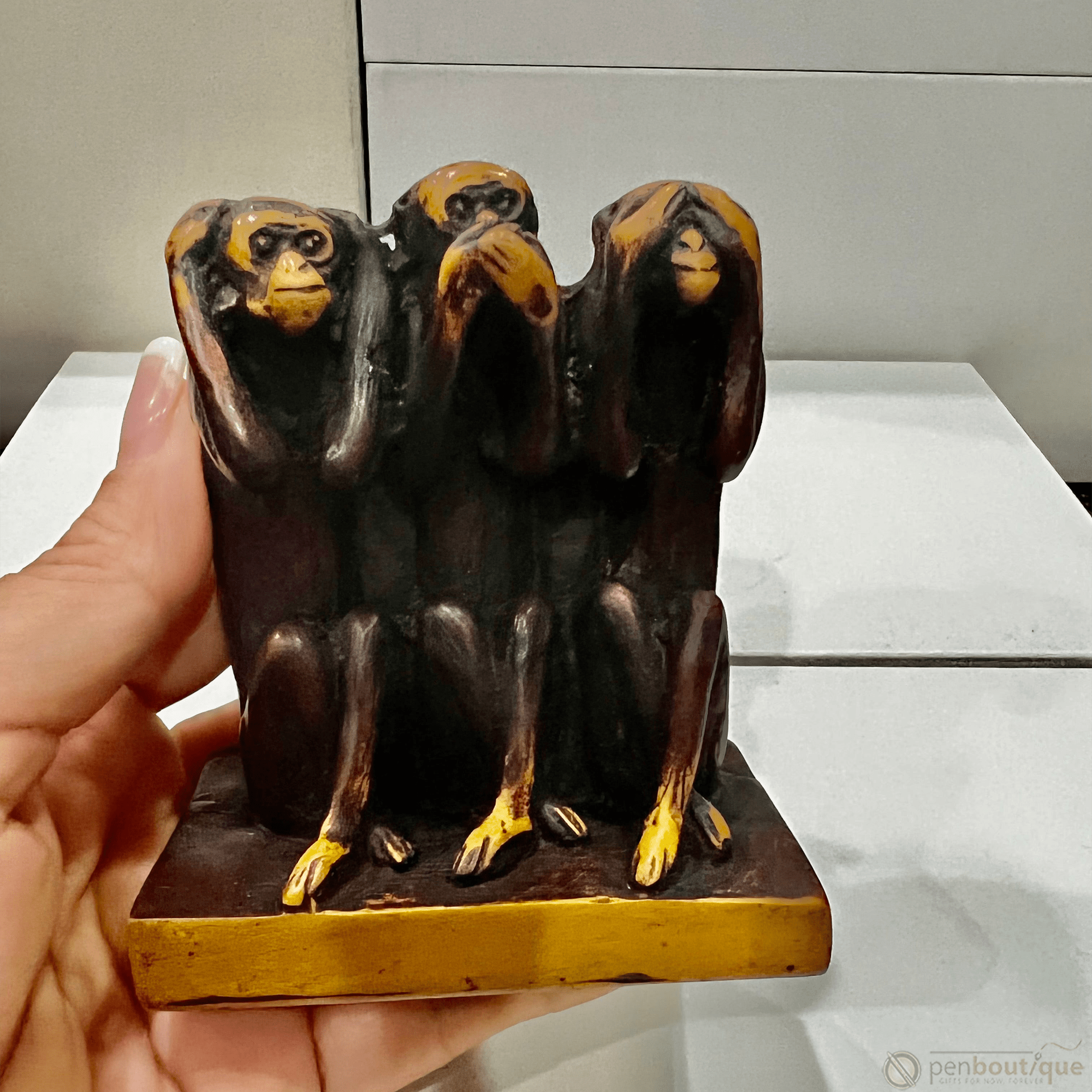 Pen Boutique Three Mini Wise Monkeys Paper Weight with Mask See Hear or Speak No Evil - Pen Boutique Ltd