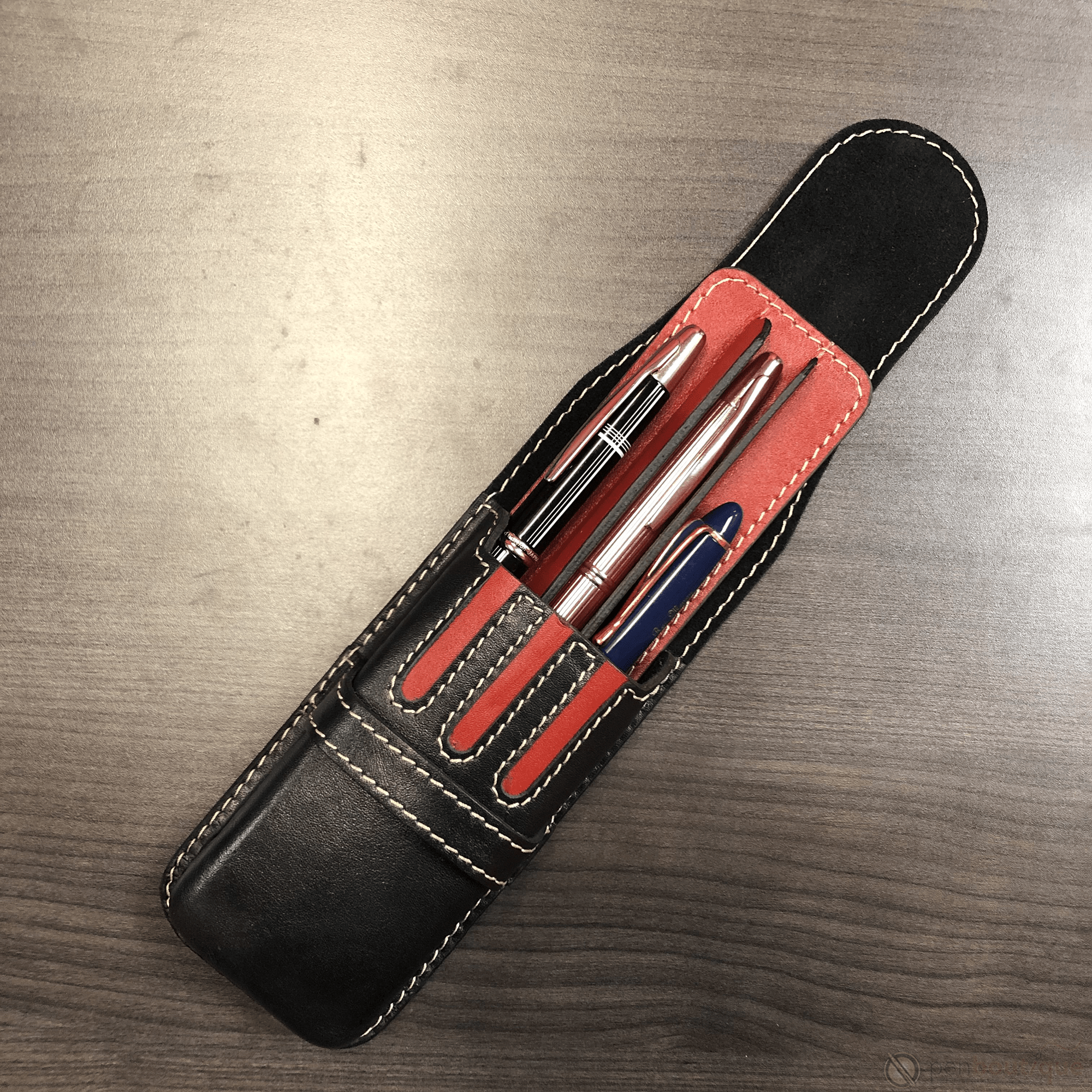 Pen Boutique Yak Leather Triple Pen Holder - Black/Red insert - Pen Boutique Ltd