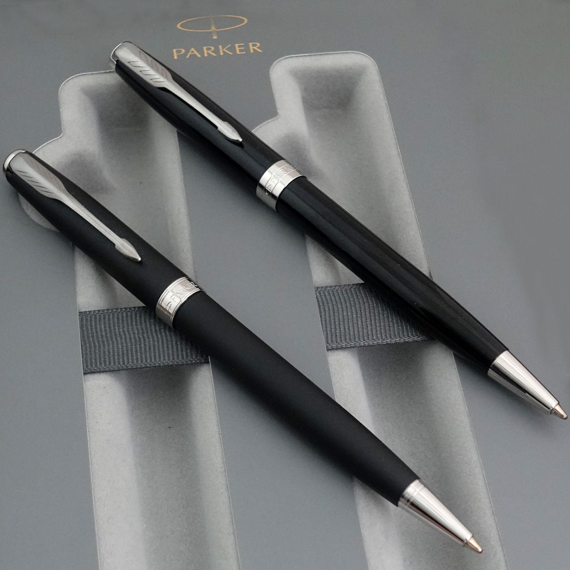 Parker Sonnet Black Lacquer & Matte Black Ballpoint Duo Gift Set - Chrome Trim - Pen Boutique Ltd