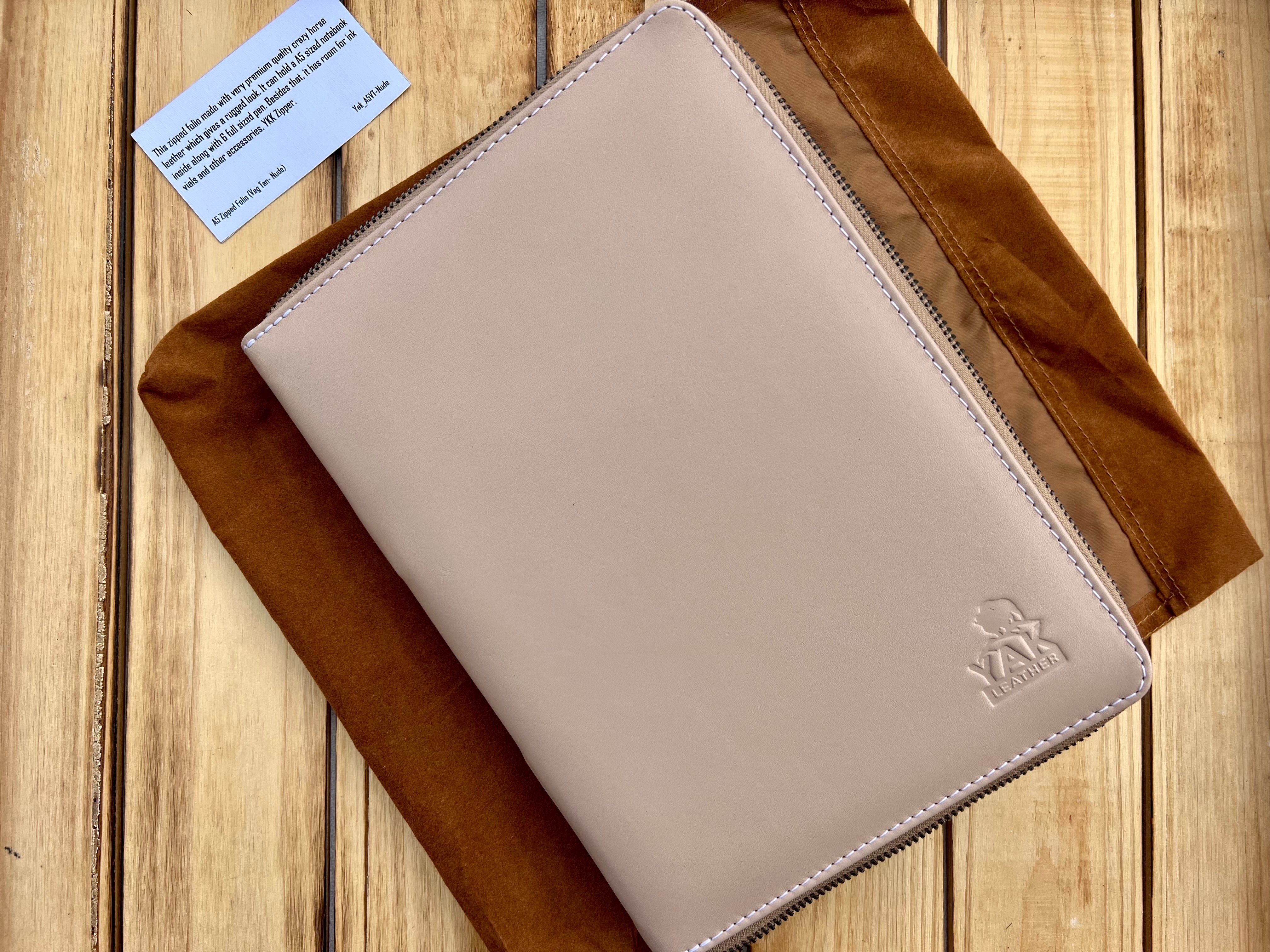 Pen Boutique Yak Leather A5 Zipped Folio - Veg Tanned - Nude - Pen Boutique Ltd