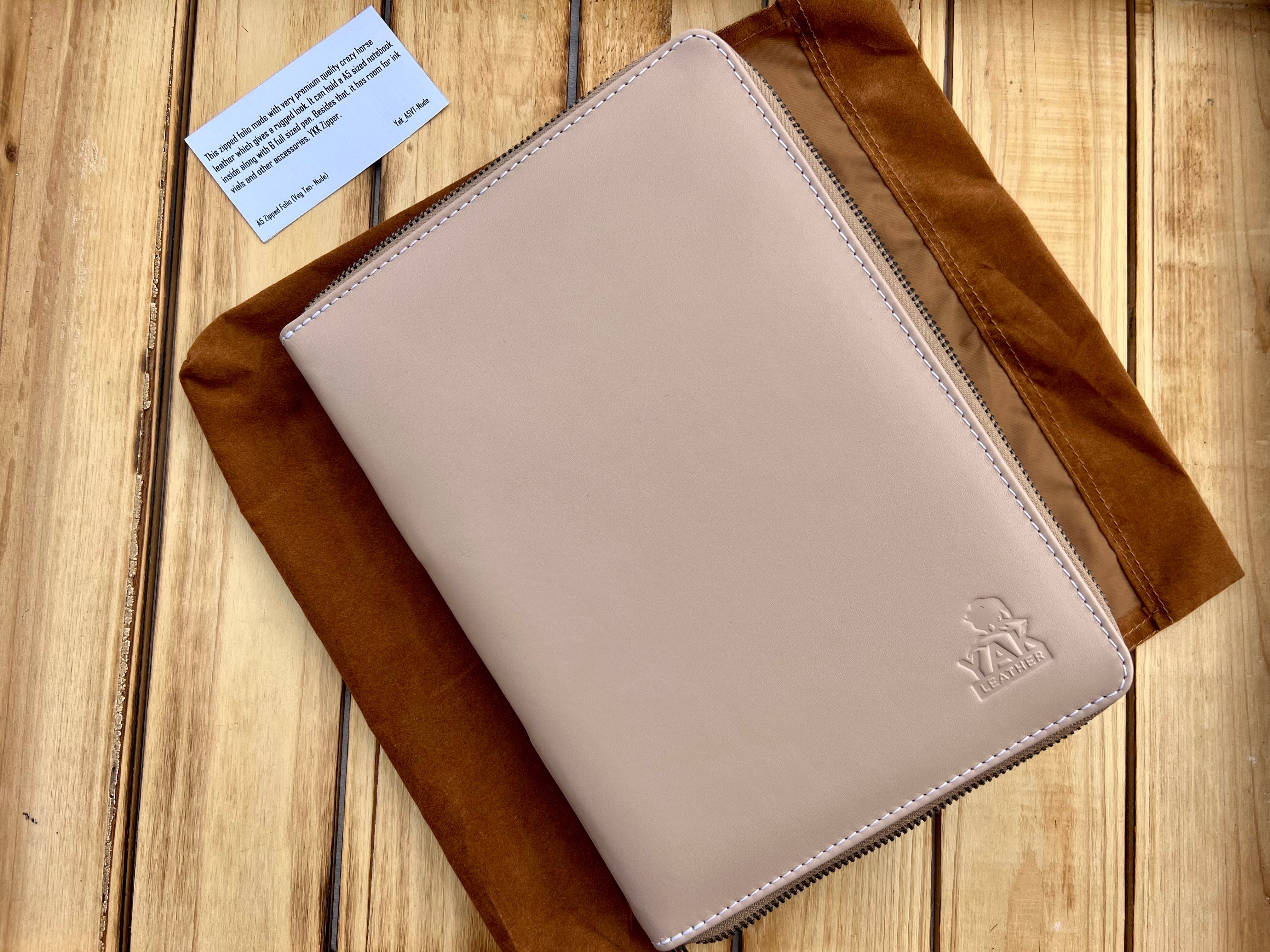 Pen Boutique Yak Leather A5 Zipped Folio - Veg Tanned - Nude - Pen Boutique Ltd