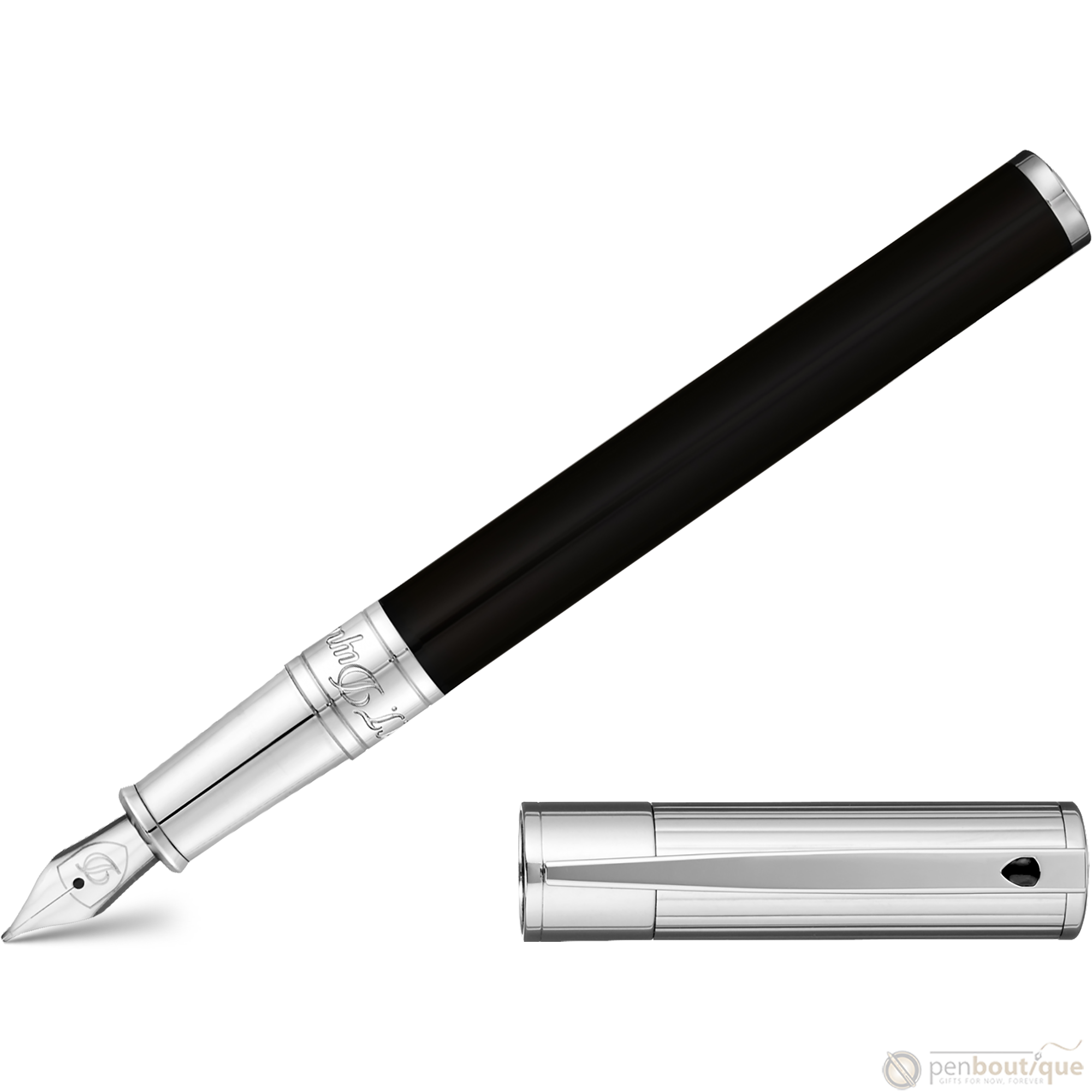 S T Dupont D-Initial Fountain Pen - Chrome Trim - Noir-Pen Boutique Ltd