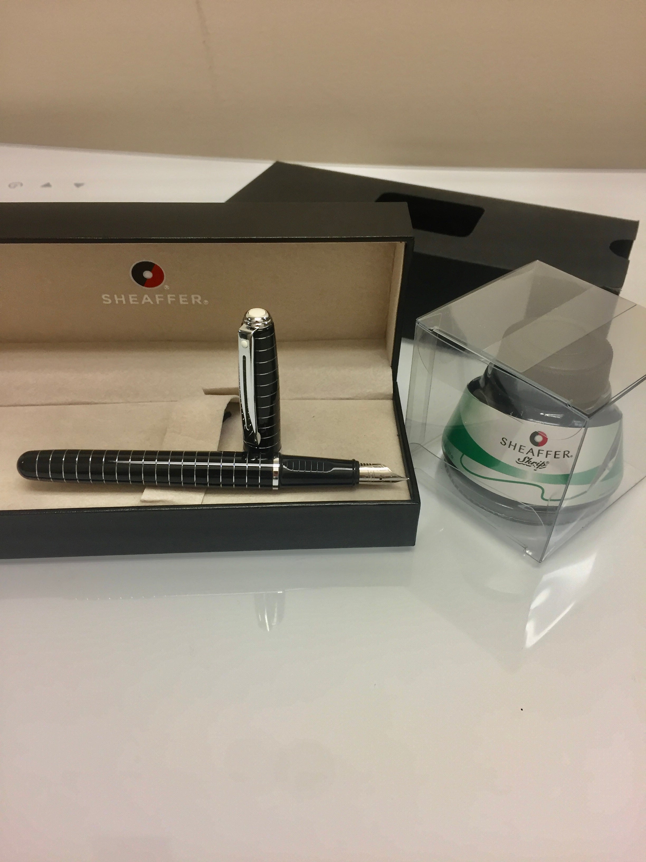 Sheaffer Prelude Fountain Pen - Black - Art Deco Chrome Trim with brown Ink bottle-Sheaffer-Pen Boutique Ltd