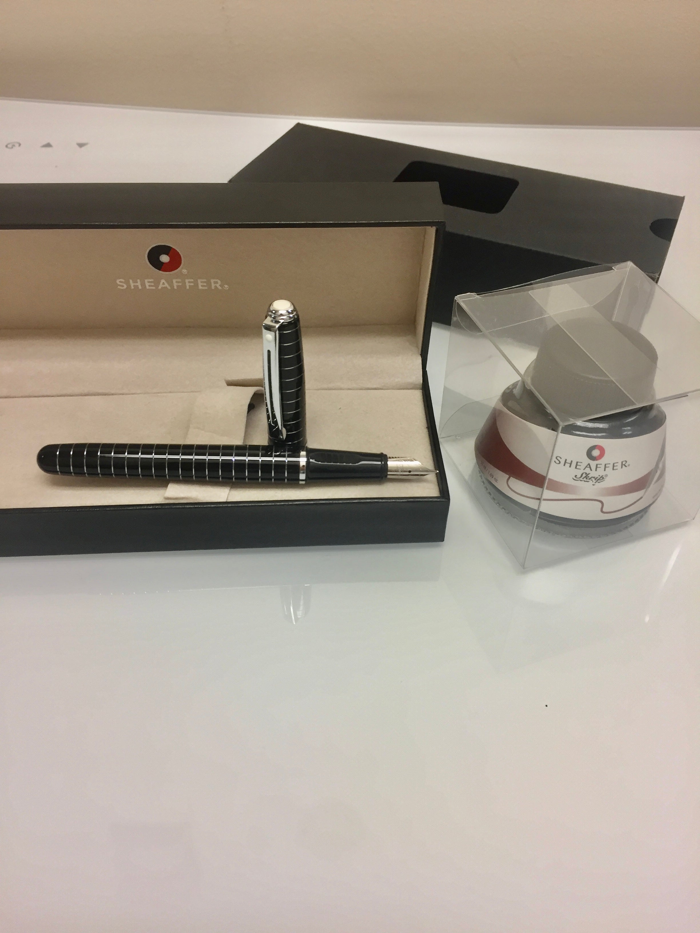 Sheaffer Prelude Fountain Pen - Black - Art Deco Chrome Trim with brown Ink bottle-Sheaffer-Pen Boutique Ltd