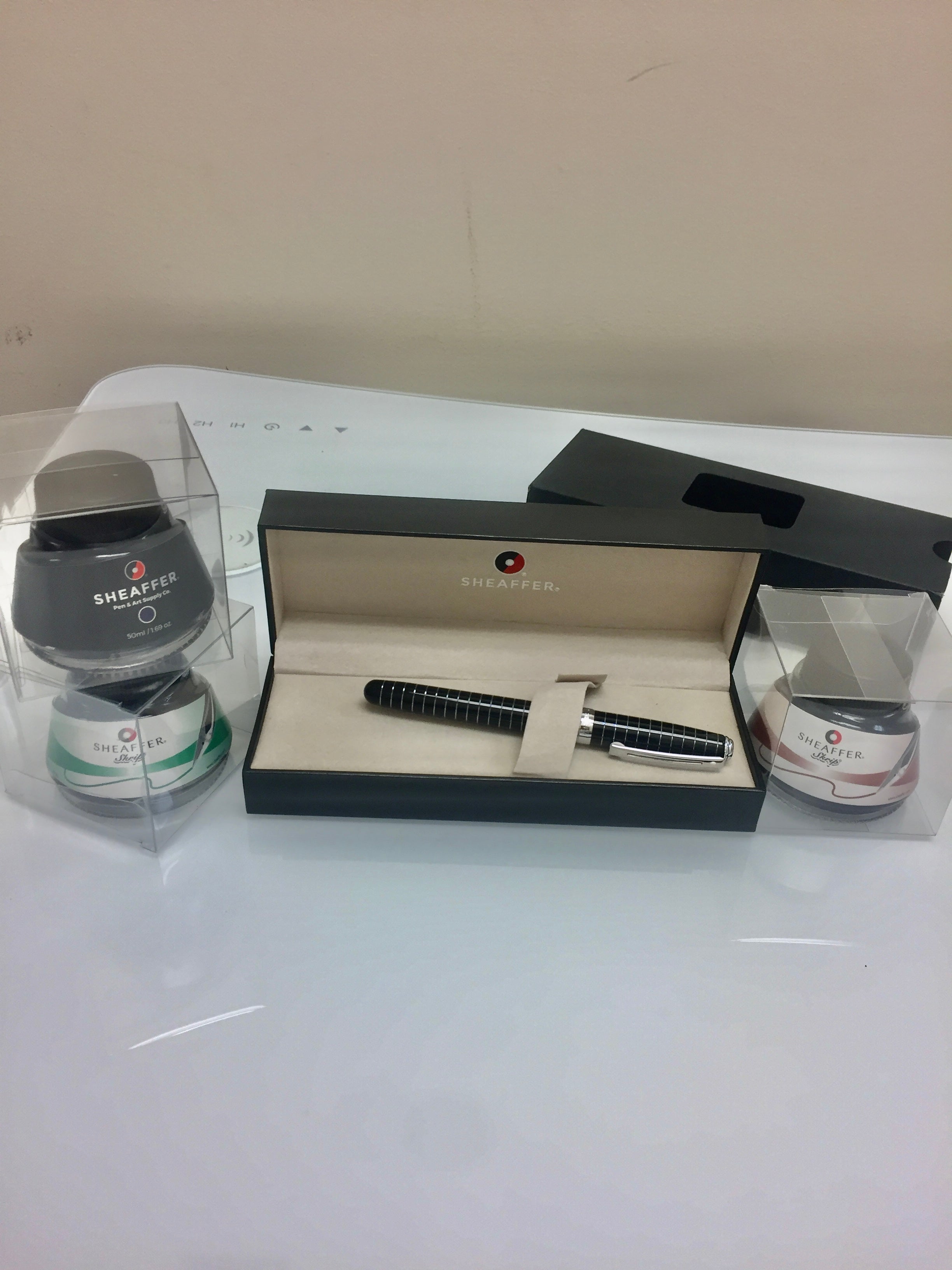 Sheaffer Prelude Fountain Pen - Black - Art Deco Chrome Trim with brown Ink bottle-Sheaffer-Pen Boutique Ltd