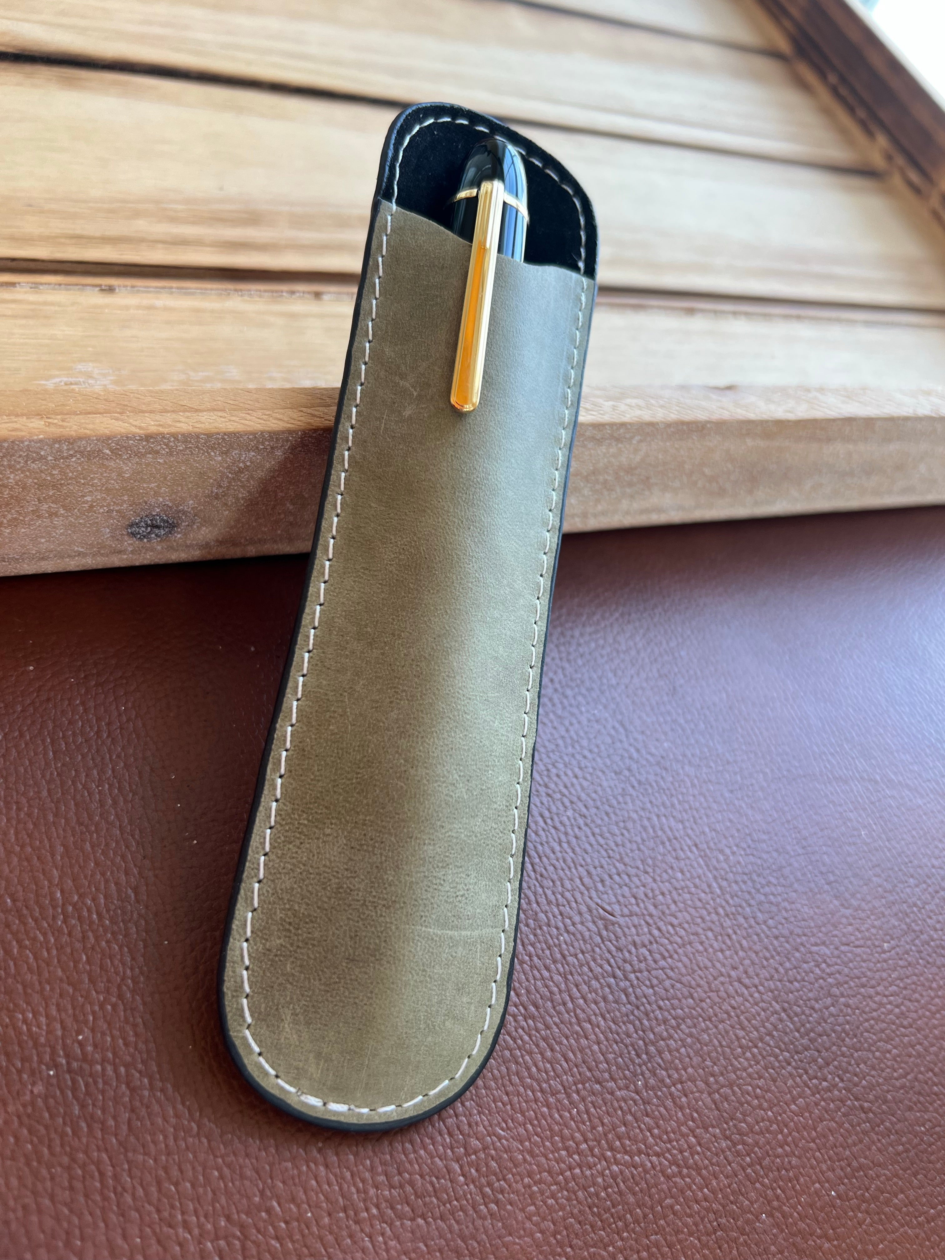 Pen Boutique Yak Leather Single Pen Sleeve - Olive/Black - Pen Boutique Ltd