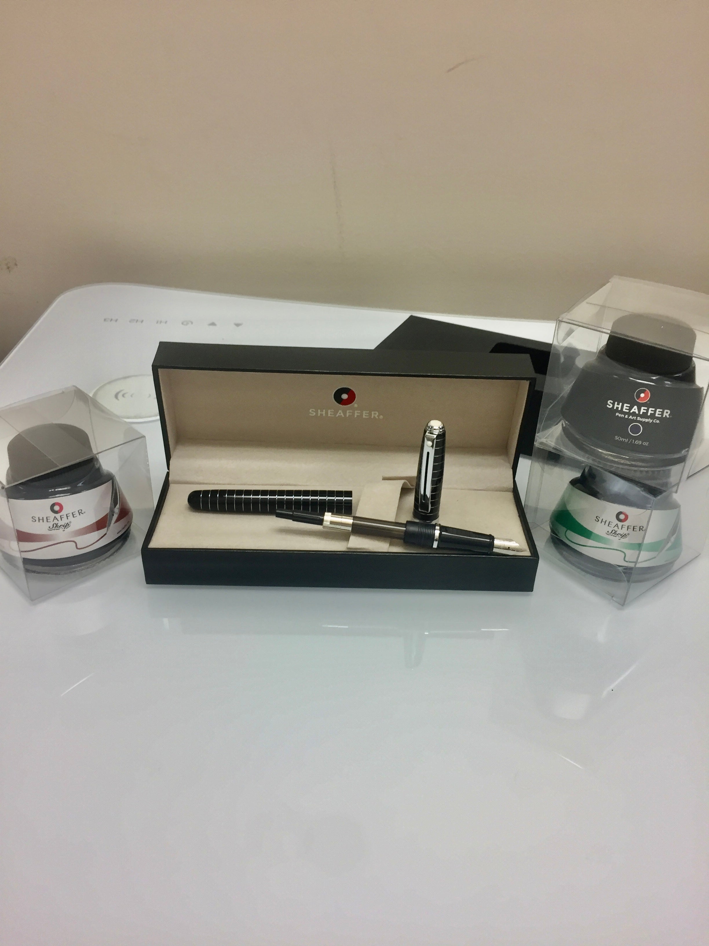 Sheaffer Prelude Fountain Pen - Black - Art Deco Chrome Trim with brown Ink bottle-Sheaffer-Pen Boutique Ltd