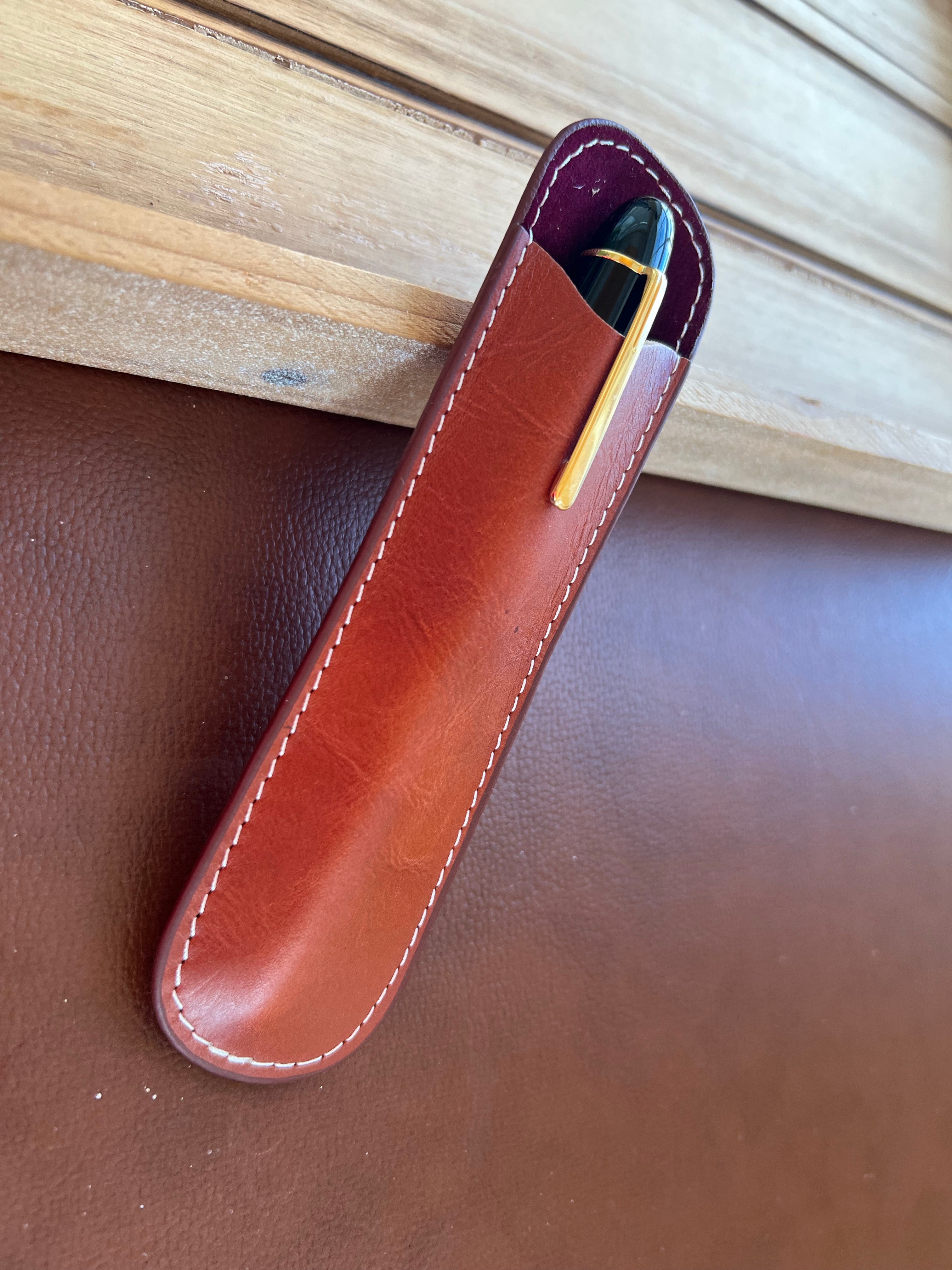 Pen Boutique Yak Leather Single Pen Sleeve - Brown/Dark Red - Pen Boutique Ltd