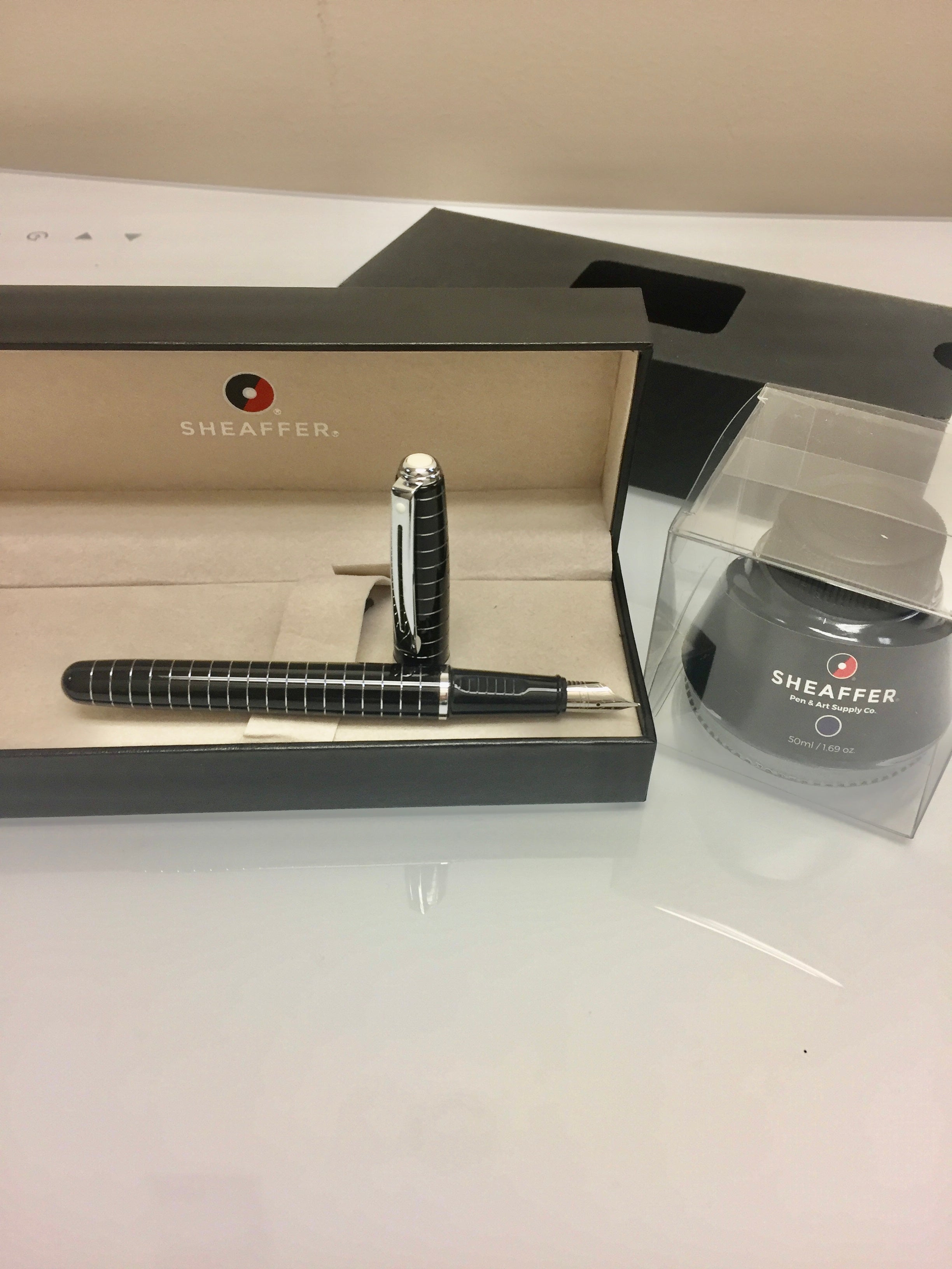 Sheaffer Prelude Fountain Pen - Black - Art Deco Chrome Trim with brown Ink bottle-Sheaffer-Pen Boutique Ltd