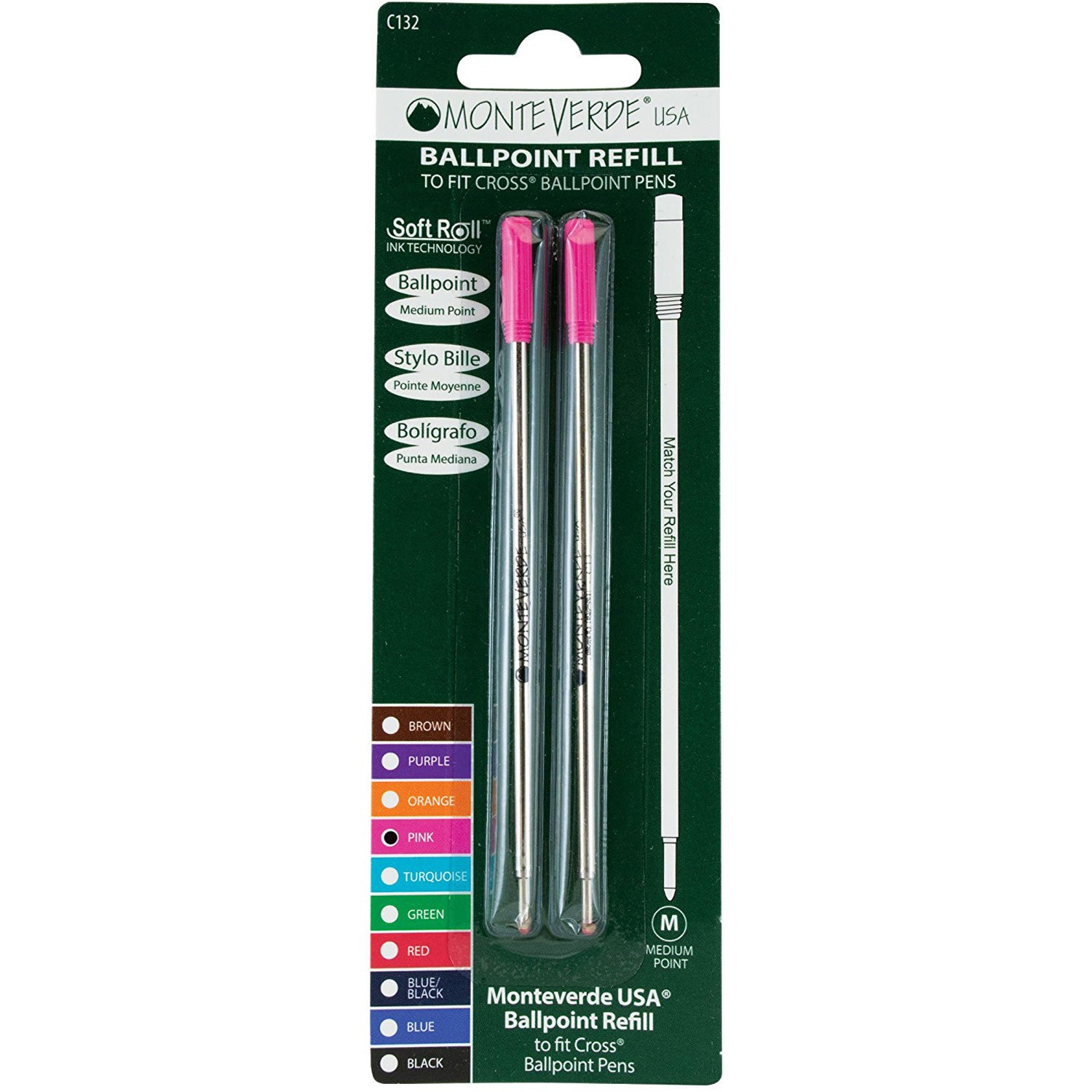 Monteverde Ballpoint Refill - Pink - Medium (Fit Cross pen - 2 per pack) - Pen Boutique Ltd