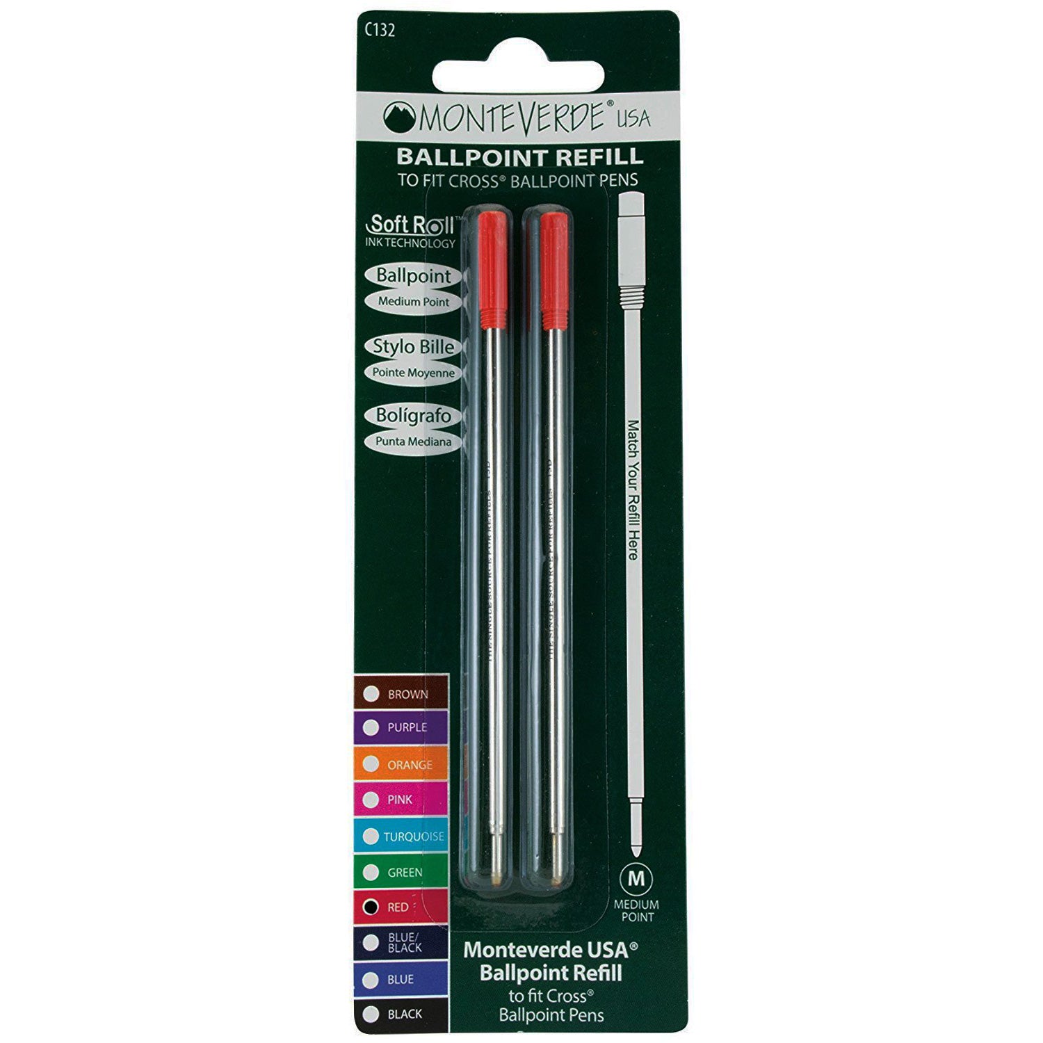 Monteverde Ballpoint refill to fit Cross pen - Red Medium 2 per pack-Pen Boutique Ltd
