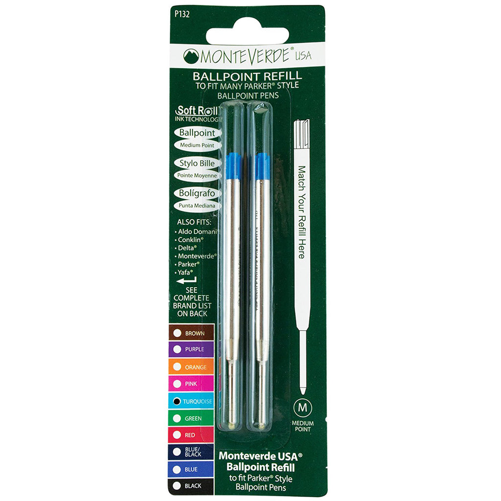 Monteverde Ballpoint refill to fit Parker pen Turquoise Medium 2/pack-Pen Boutique Ltd